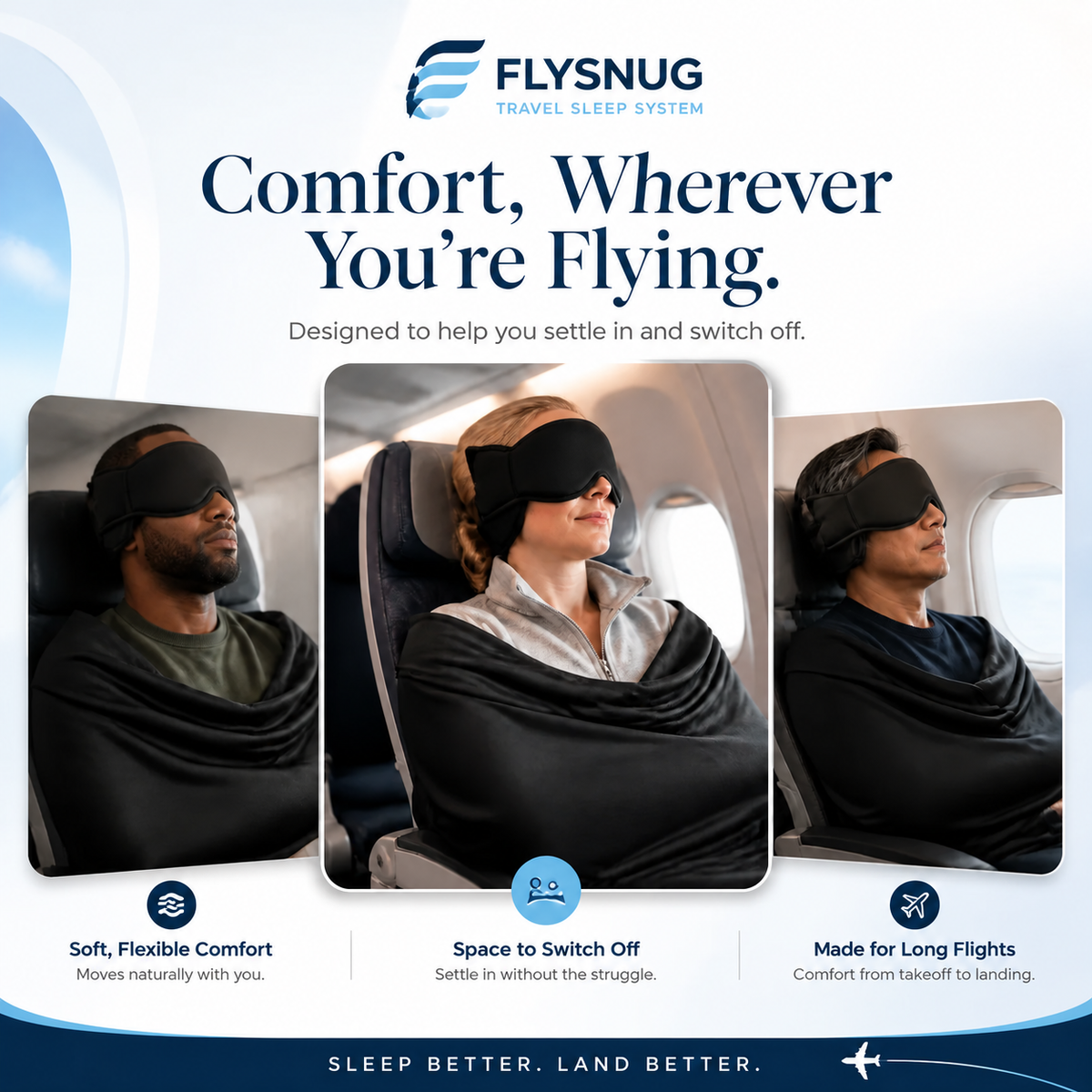 FlySnug comfort on long flights, with flexible fabric and supported rest